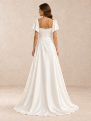White Square-Neck Satin A-Line Wedding Dress with Flutter Sleeves