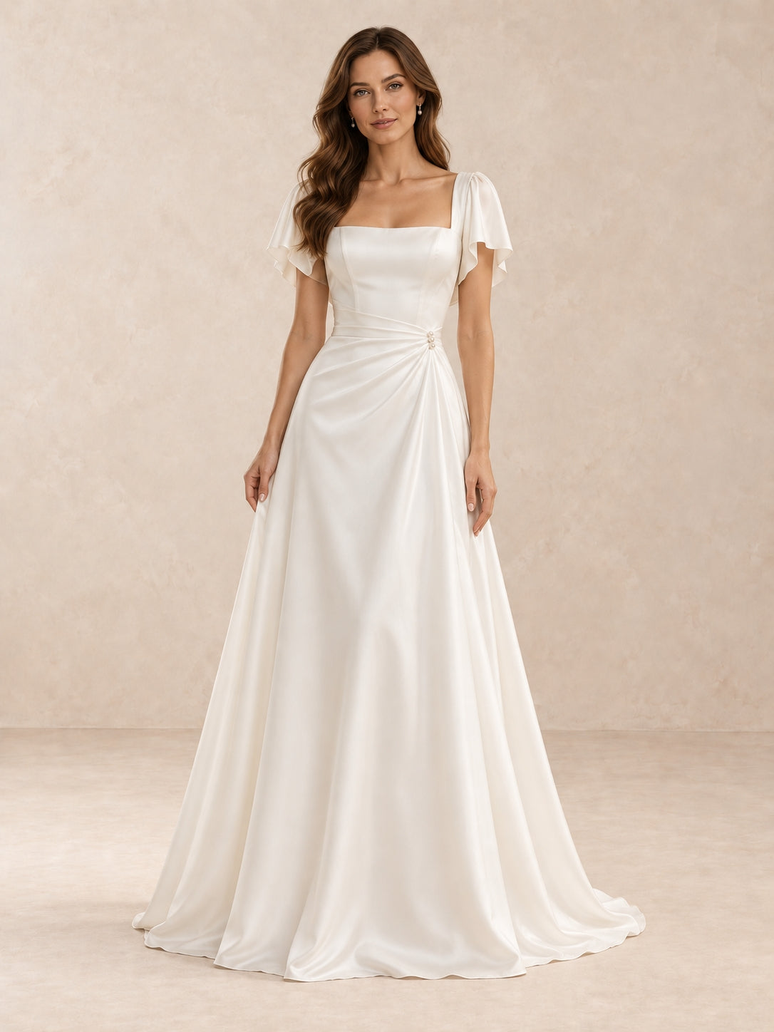 White Square-Neck Satin A-Line Wedding Dress with Flutter Sleeves