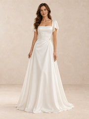 White Square-Neck Satin A-Line Wedding Dress with Flutter Sleeves