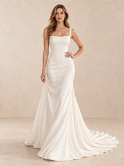 White Square-Neckline Satin Mermaid Wedding Dress with Sweep Train