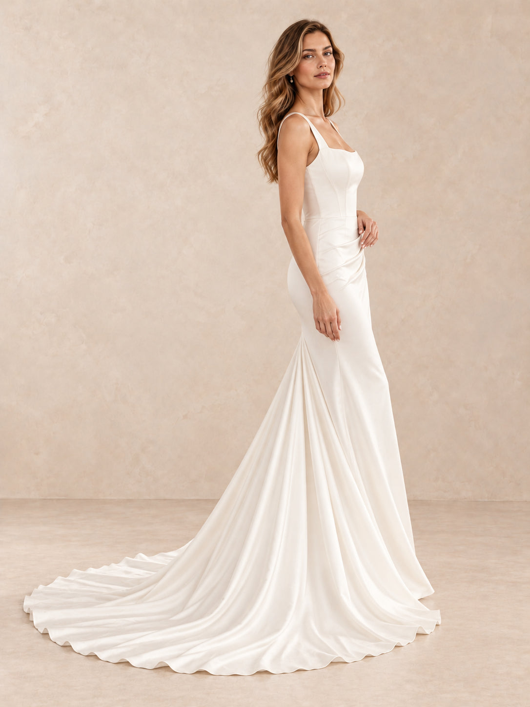 White Square-Neckline Satin Mermaid Wedding Dress with Sweep Train
