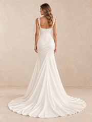 White Square-Neckline Satin Mermaid Wedding Dress with Sweep Train