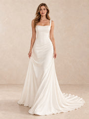 White Square-Neckline Satin Mermaid Wedding Dress with Sweep Train