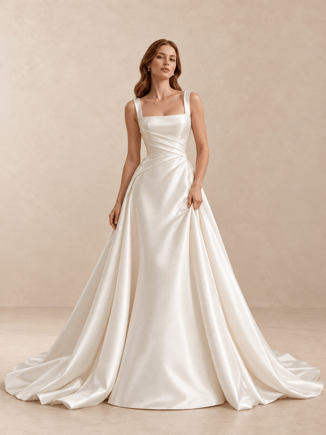 White Square Neck Draped Satin A-Line Wedding Dress with Sweep Train