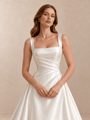 White Square Neck Draped Satin A-Line Wedding Dress with Sweep Train