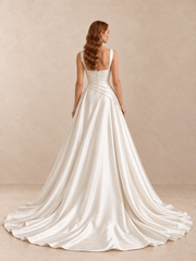 White Square Neck Draped Satin A-Line Wedding Dress with Sweep Train
