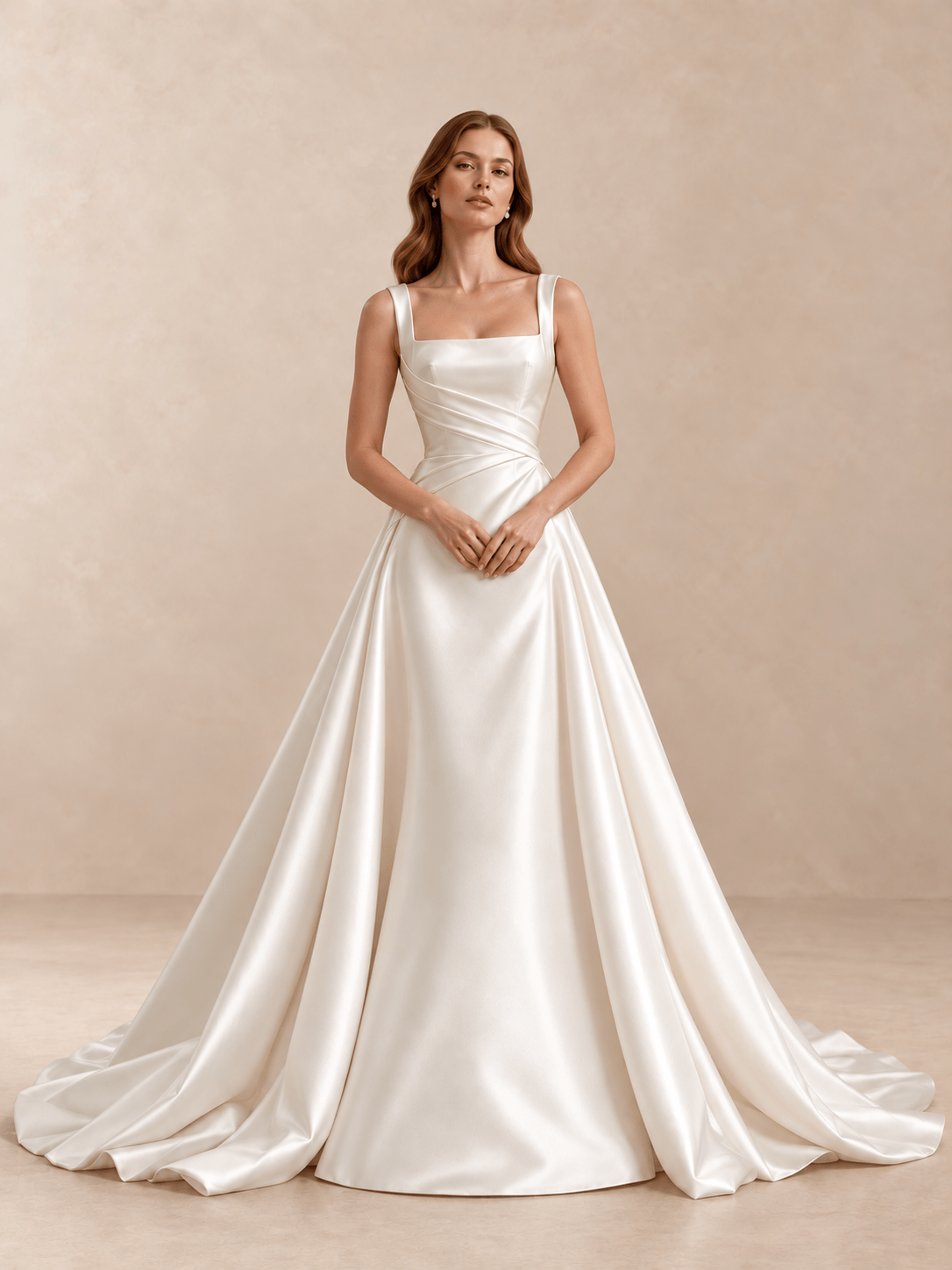 White Square Neck Draped Satin A-Line Wedding Dress with Sweep Train