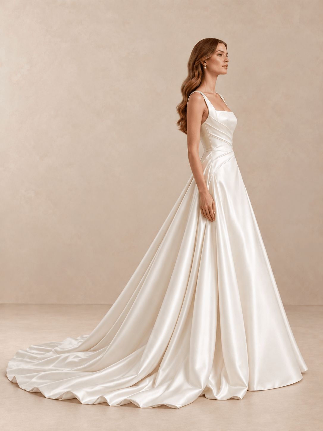 White Square Neck Draped Satin A-Line Wedding Dress with Sweep Train