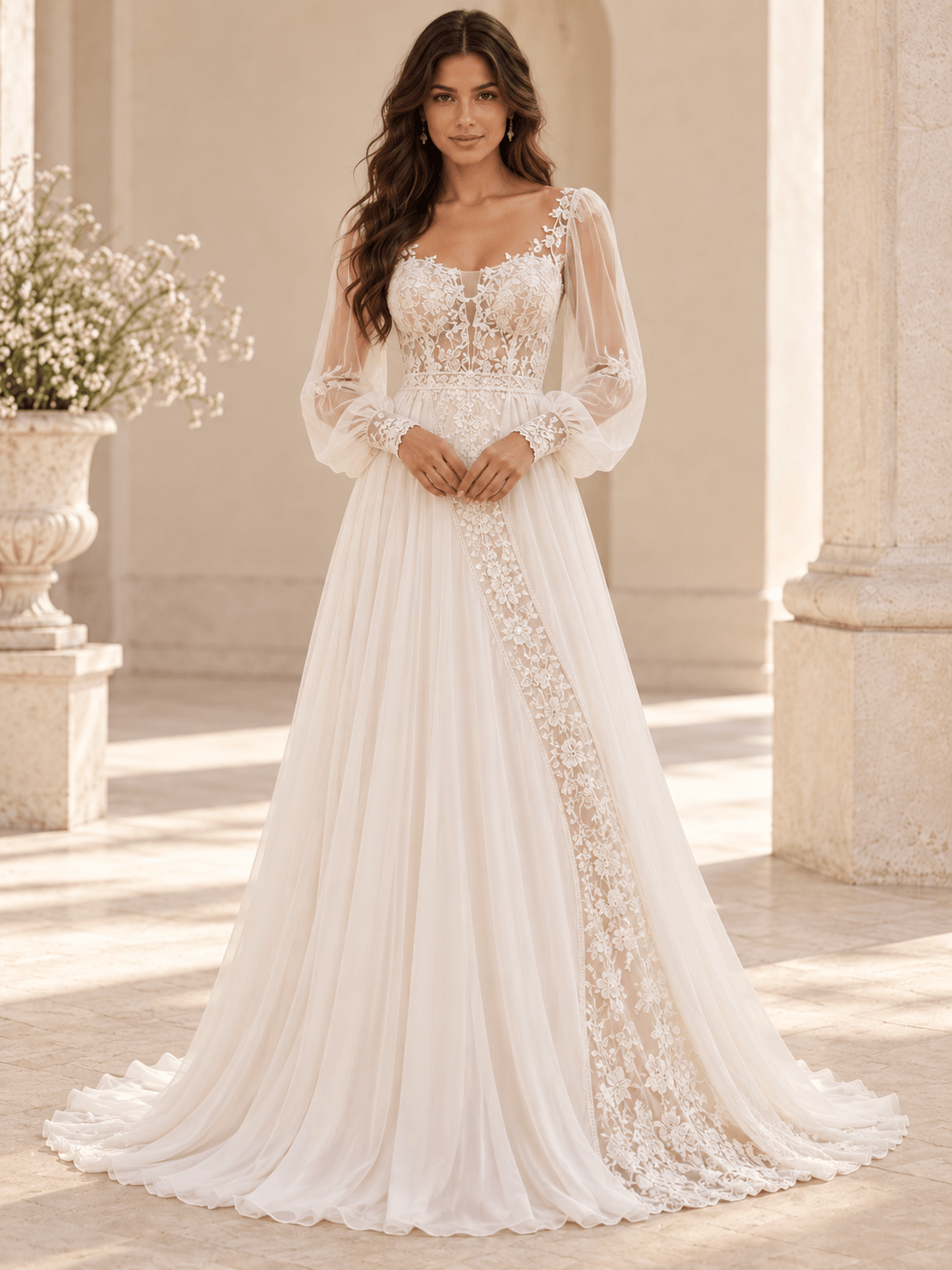 White Square Neck Floral Lace A-Line Wedding Dress with Sheer Sleeves