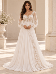 White Square Neck Floral Lace A-Line Wedding Dress with Sheer Sleeves