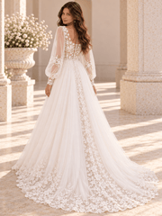 White Square Neck Floral Lace A-Line Wedding Dress with Sheer Sleeves