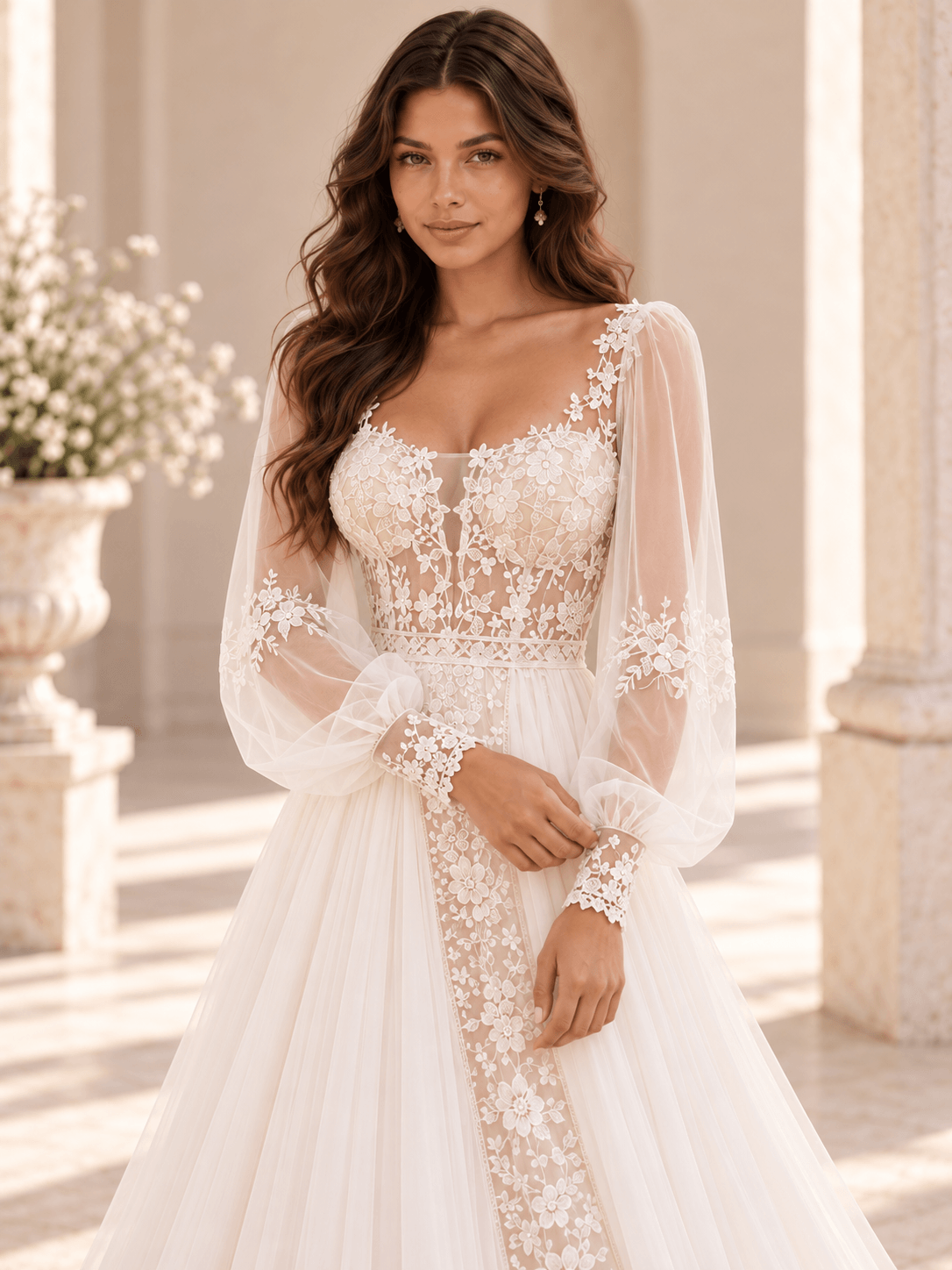 White Square Neck Floral Lace A-Line Wedding Dress with Sheer Sleeves