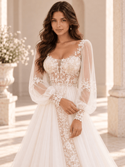 White Square Neck Floral Lace A-Line Wedding Dress with Sheer Sleeves