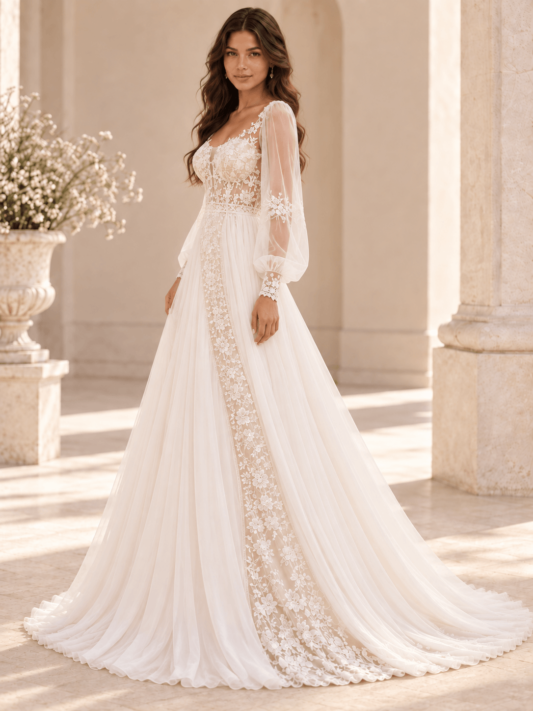 White Square Neck Floral Lace A-Line Wedding Dress with Sheer Sleeves