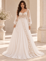White Square Neck Floral Lace A-Line Wedding Dress with Sheer Sleeves