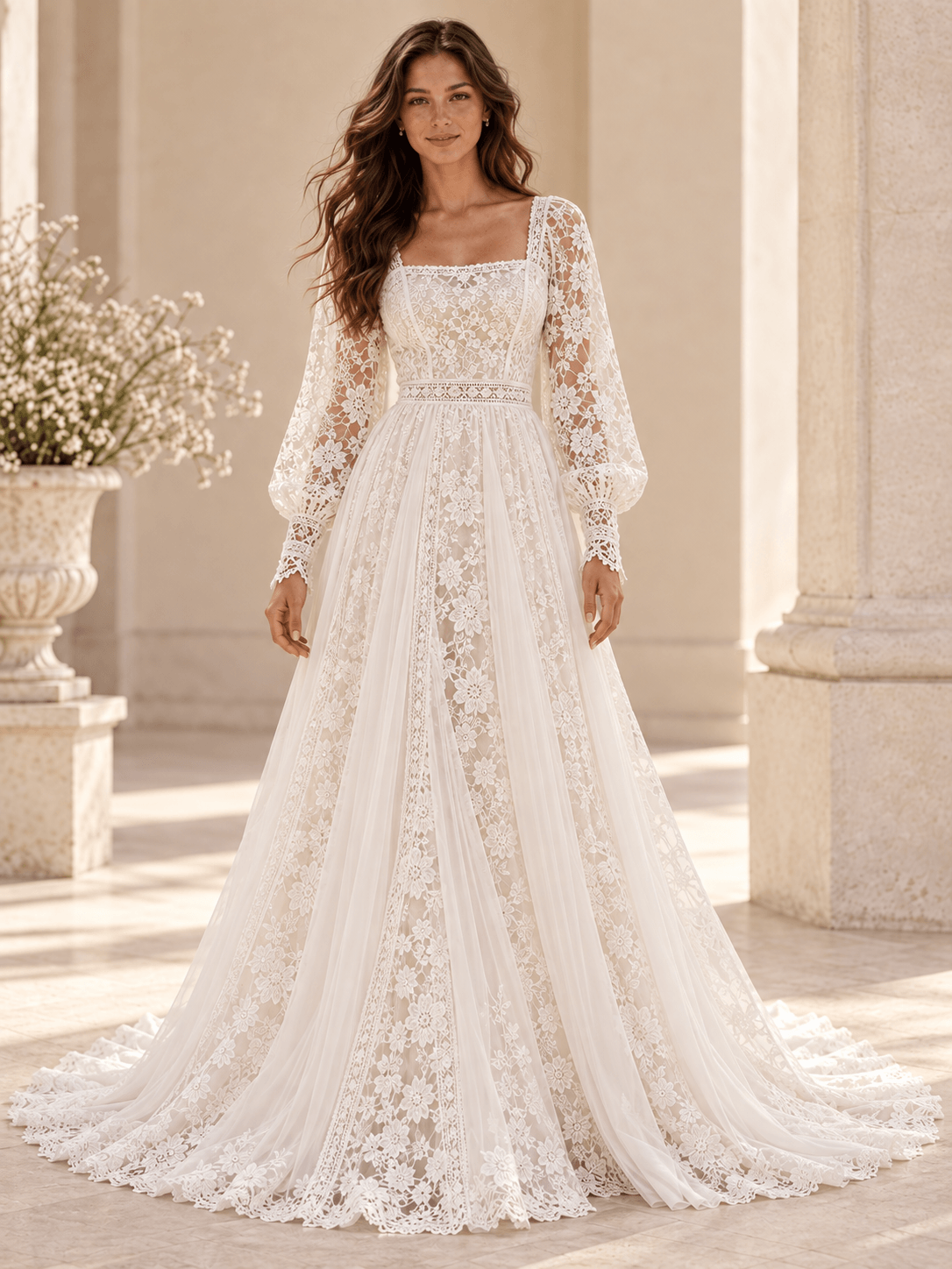 White Square Neck Floral Lace Bishop Sleeve Wedding Dress with Tulle Panels