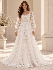 White Square Neck Floral Lace Bishop Sleeve Wedding Dress with Tulle Panels