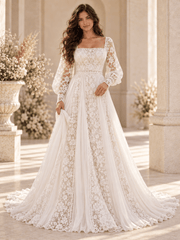 White Square Neck Floral Lace Bishop Sleeve Wedding Dress with Tulle Panels