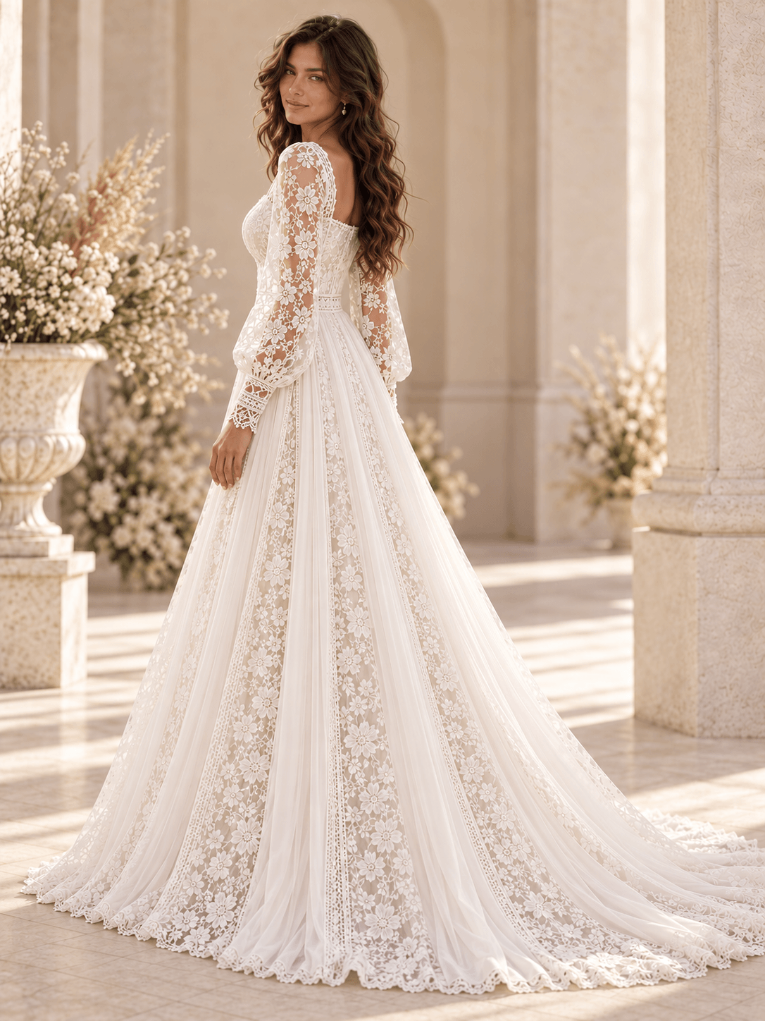 White Square Neck Floral Lace Bishop Sleeve Wedding Dress with Tulle Panels