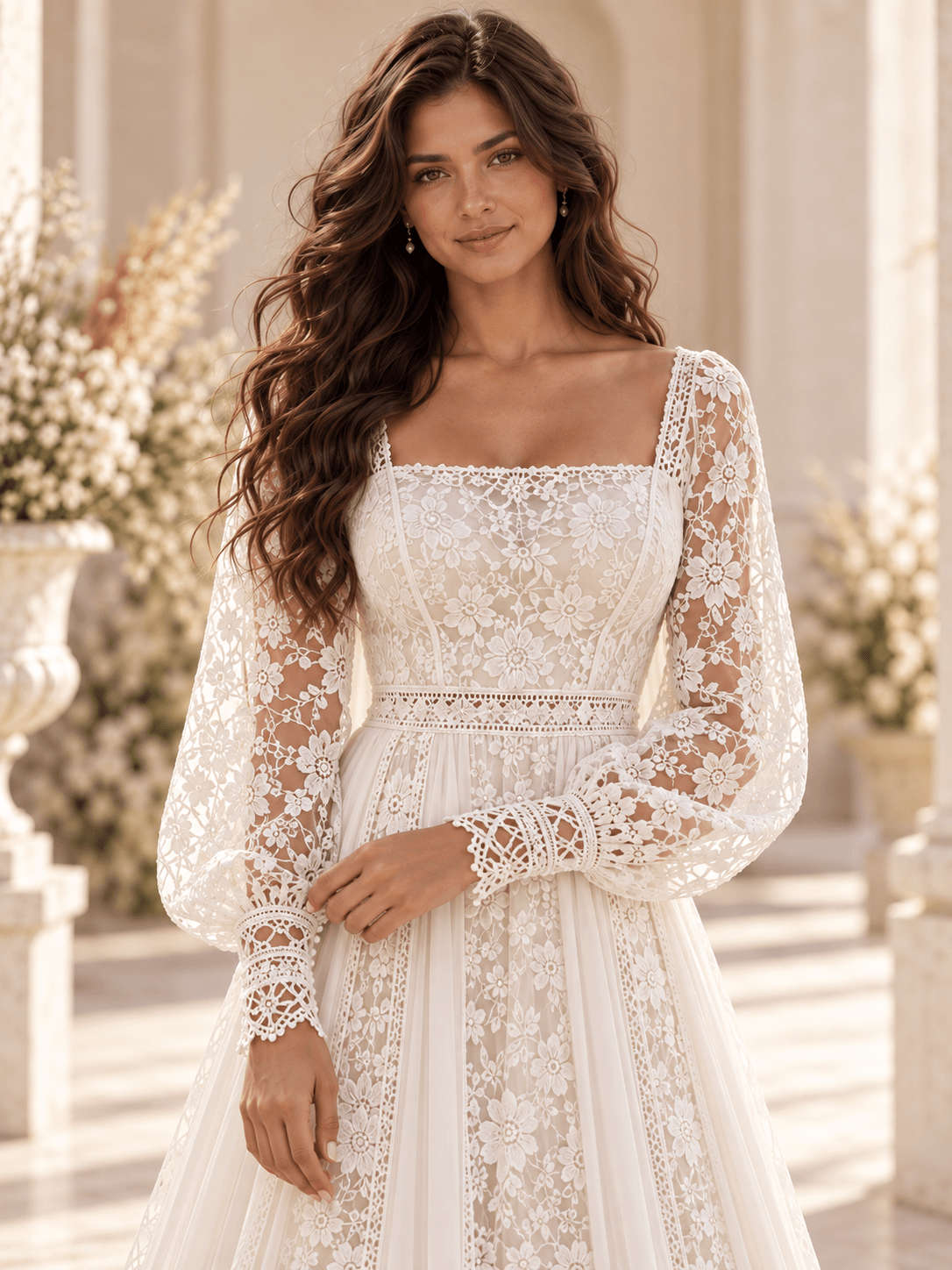 White Square Neck Floral Lace Bishop Sleeve Wedding Dress with Tulle Panels