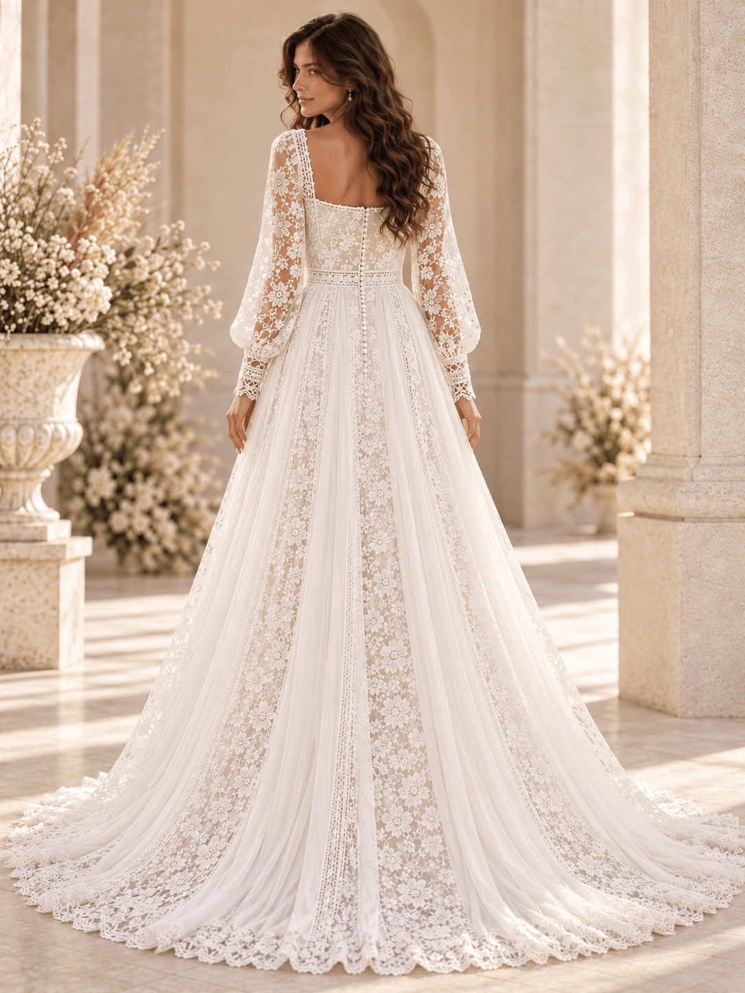 White Square Neck Floral Lace Bishop Sleeve Wedding Dress with Tulle Panels