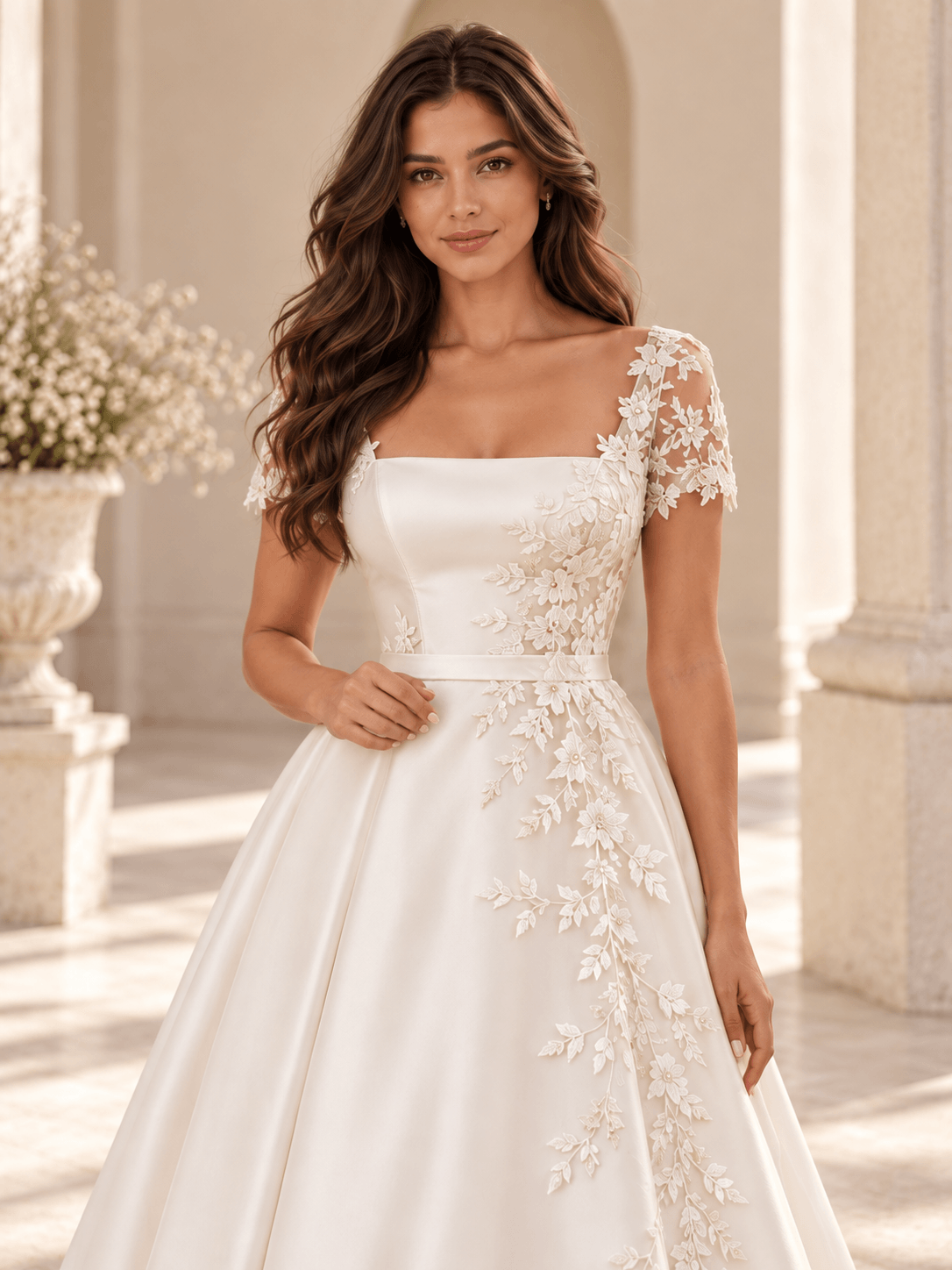 White Square Neck Lace Appliqué Satin Wedding Dress with Short Sleeves