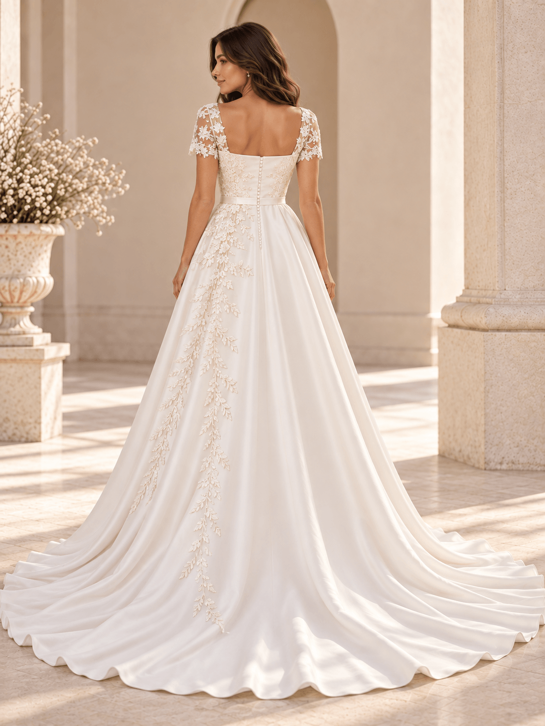 White Square Neck Lace Appliqué Satin Wedding Dress with Short Sleeves