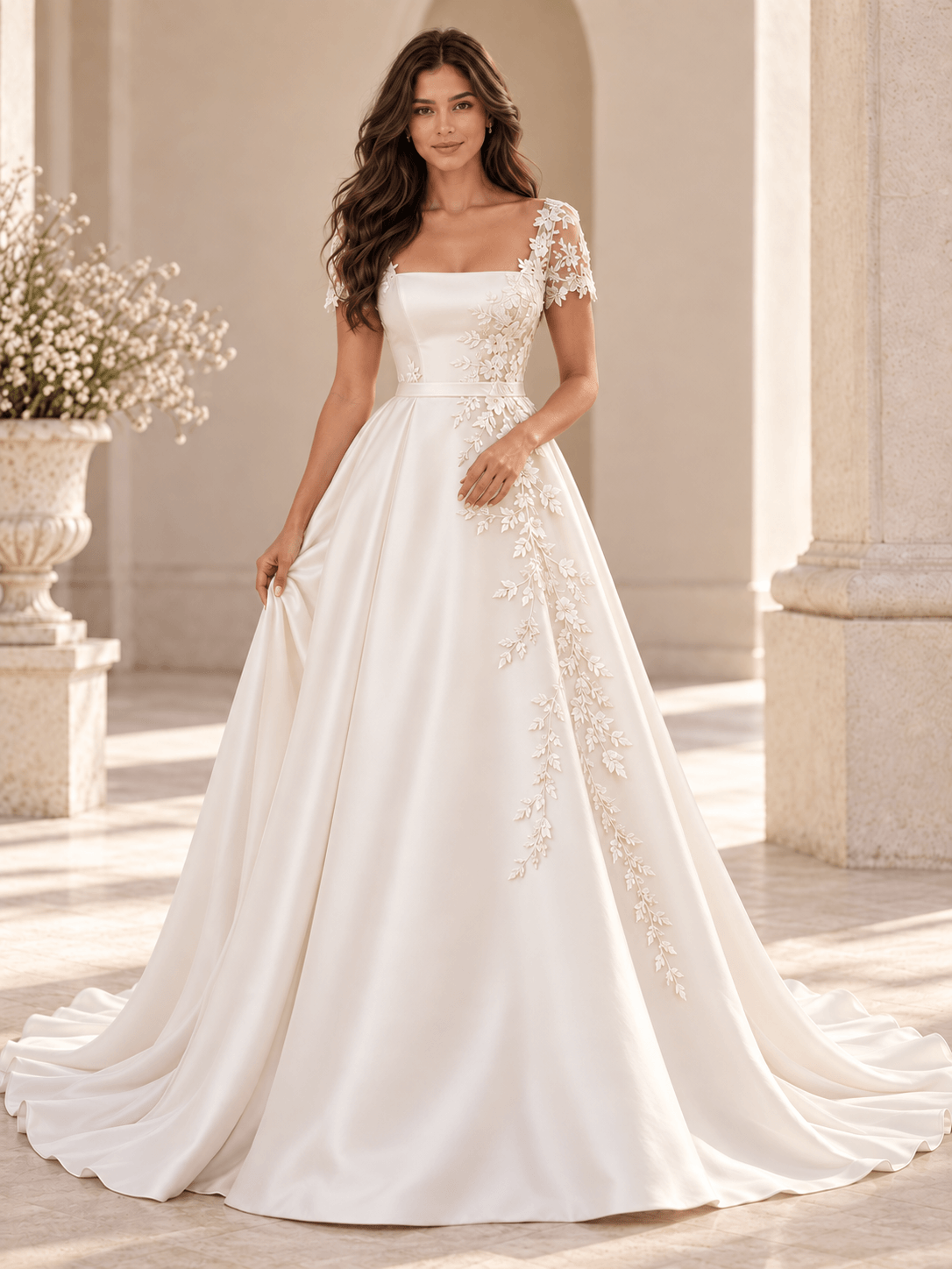 White Square Neck Lace Appliqué Satin Wedding Dress with Short Sleeves