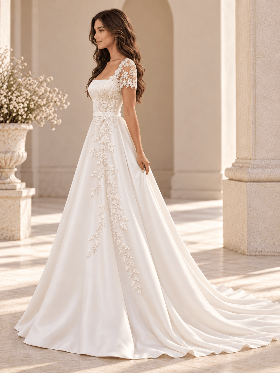 White Square Neck Lace Appliqué Satin Wedding Dress with Short Sleeves