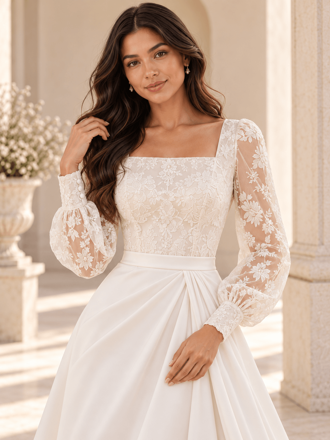 White Square Neck Lace Bodice Long Sleeve Satin A-Line Wedding Dress with Train