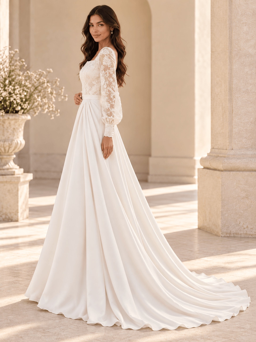 White Square Neck Lace Bodice Long Sleeve Satin A-Line Wedding Dress with Train