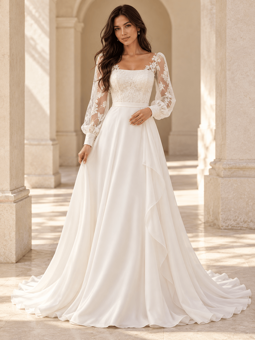 White Square Neck Lace Bodice Long Sleeve Satin A-Line Wedding Dress with Train