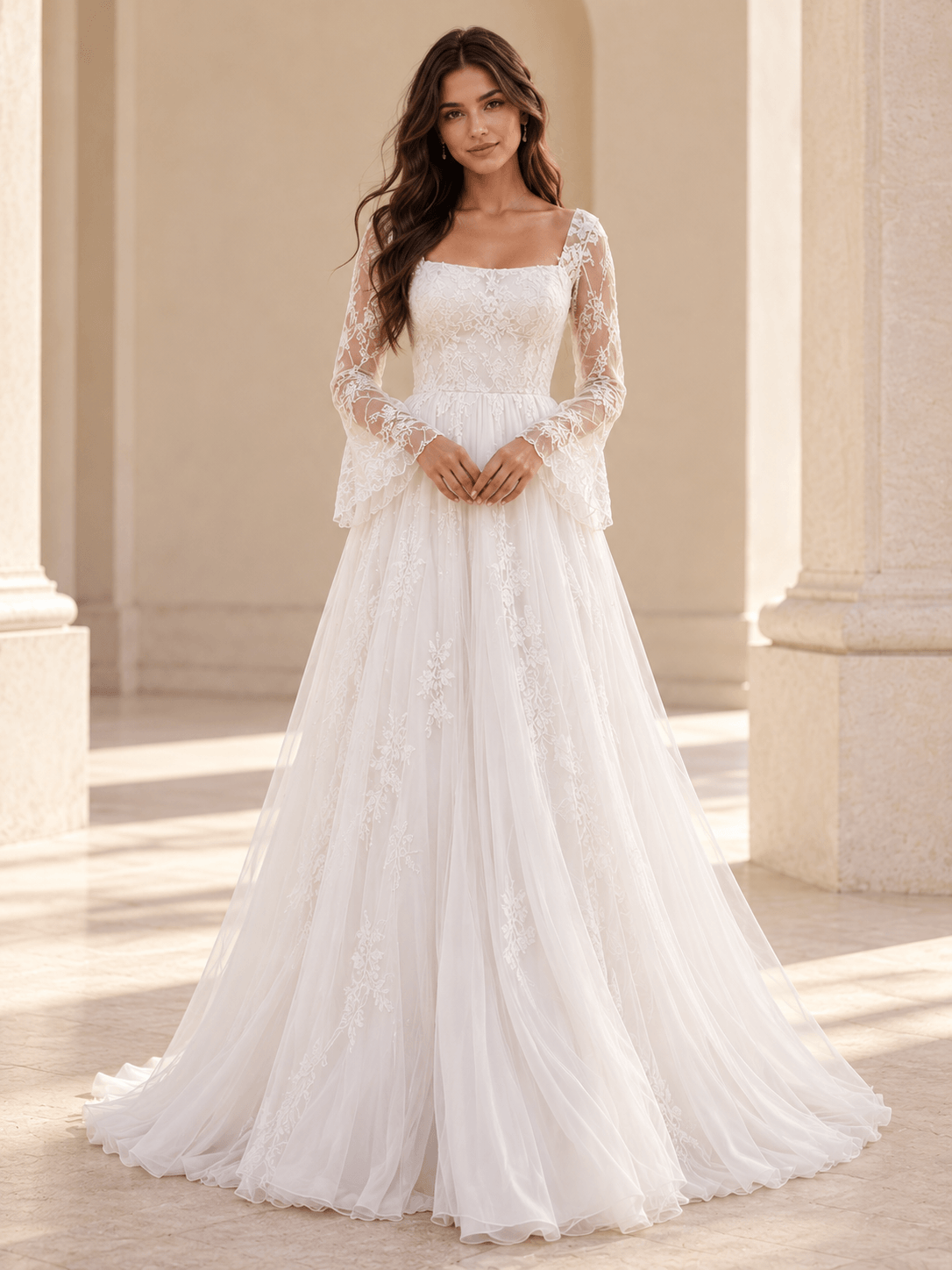 White Square Neck Lace Long Sleeve A-Line Tulle Wedding Dress