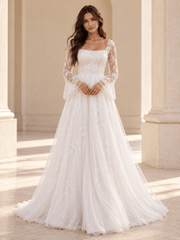 White Square Neck Lace Long Sleeve A-Line Tulle Wedding Dress