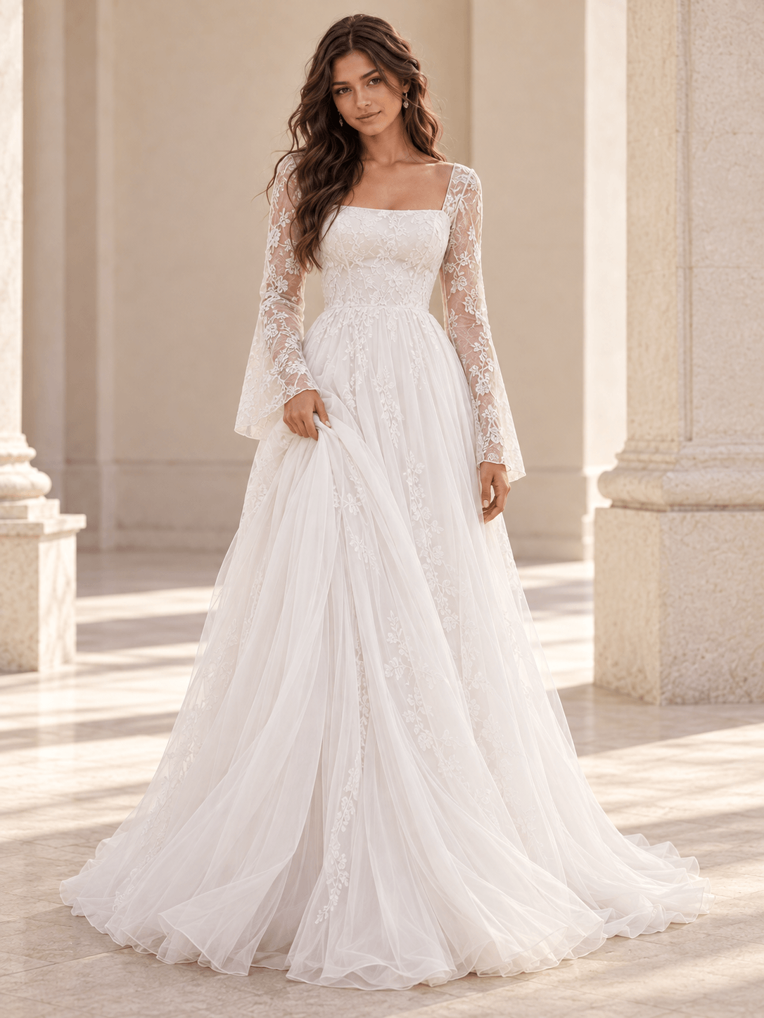 White Square Neck Lace Long Sleeve A-Line Tulle Wedding Dress