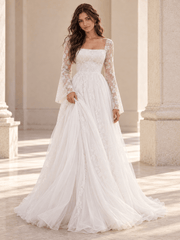 White Square Neck Lace Long Sleeve A-Line Tulle Wedding Dress