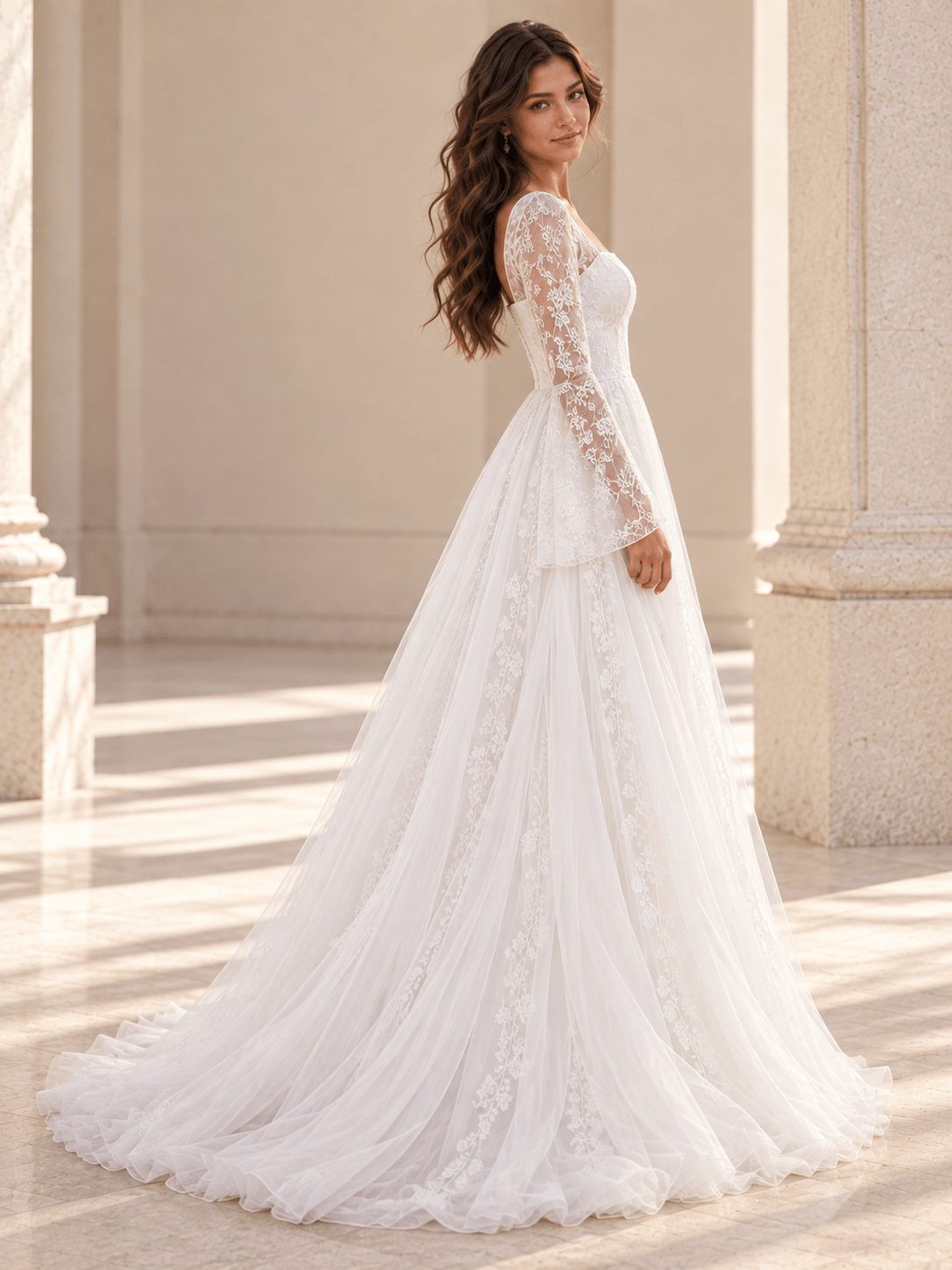 White Square Neck Lace Long Sleeve A-Line Tulle Wedding Dress