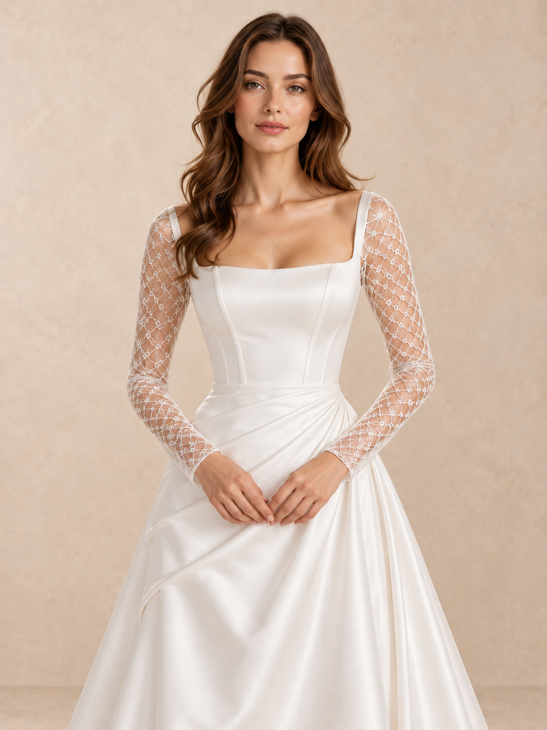 White Square Neck Long Lace Sleeve Satin Draped Waist Wedding Dress