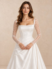 White Square Neck Long Lace Sleeve Satin Draped Waist Wedding Dress