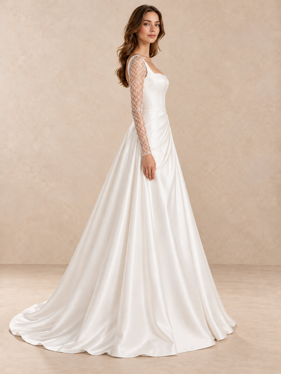 White Square Neck Long Lace Sleeve Satin Draped Waist Wedding Dress