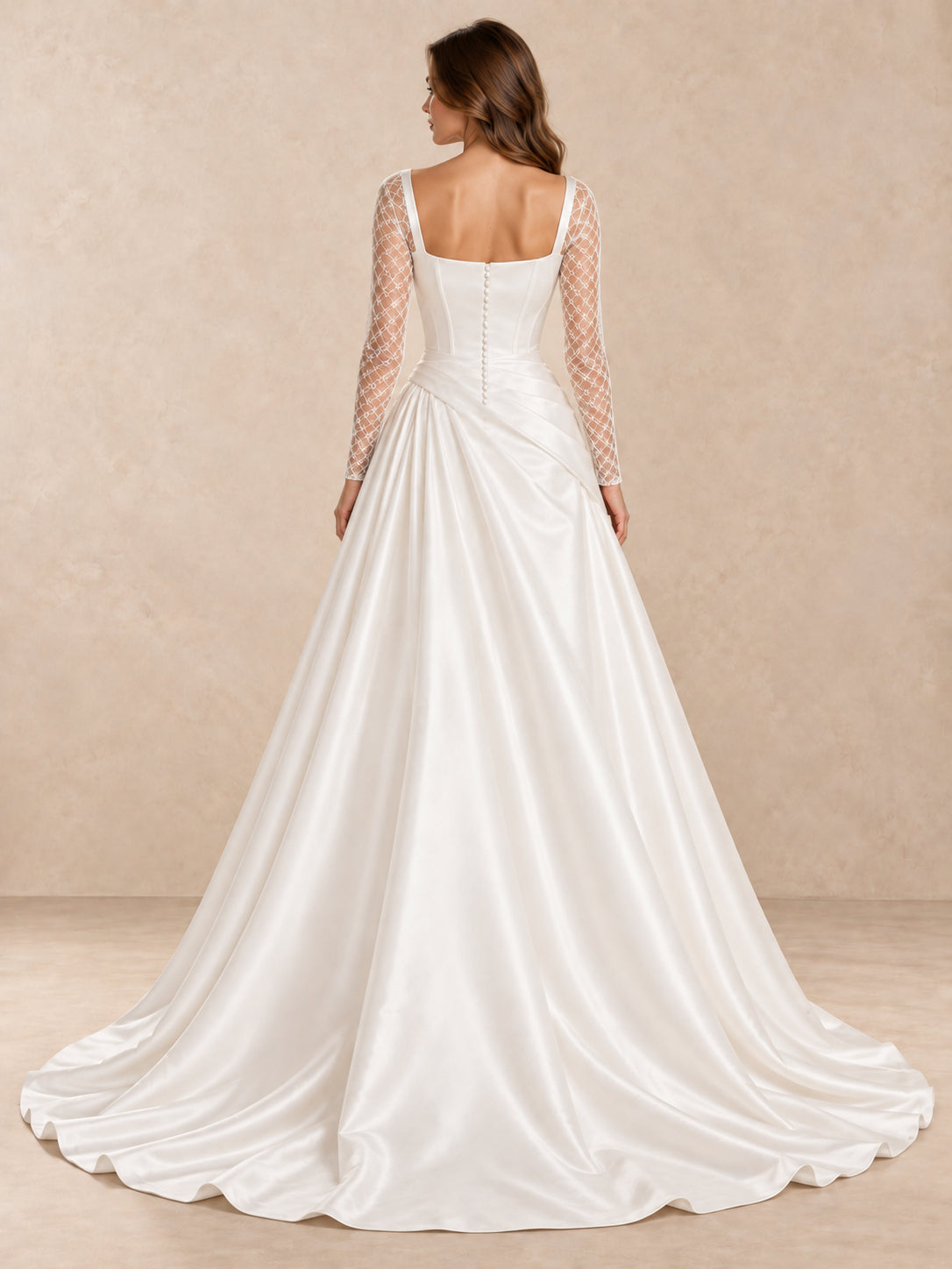 White Square Neck Long Lace Sleeve Satin Draped Waist Wedding Dress