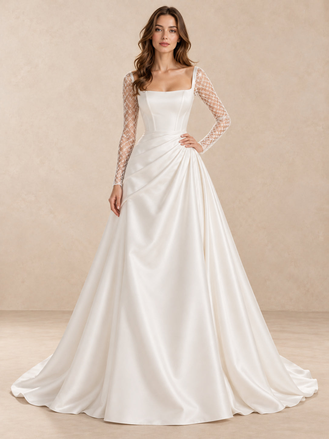 White Square Neck Long Lace Sleeve Satin Draped Waist Wedding Dress