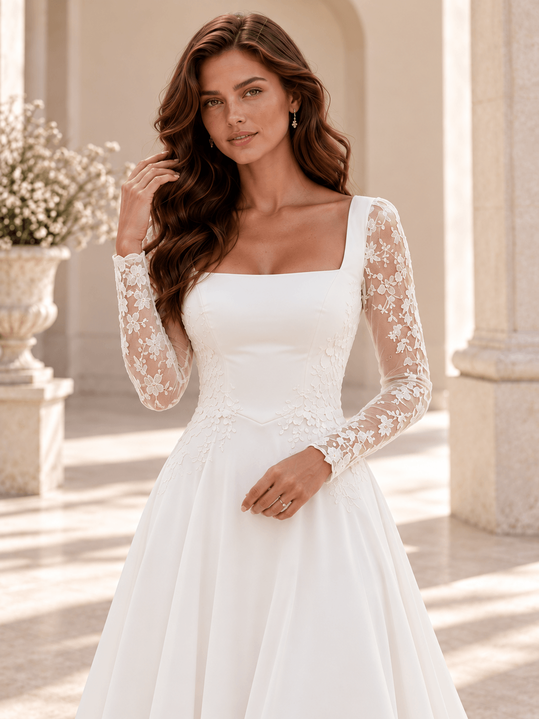 White Square Neck Long Sleeve Lace A-Line Wedding Dress with Sweep Train
