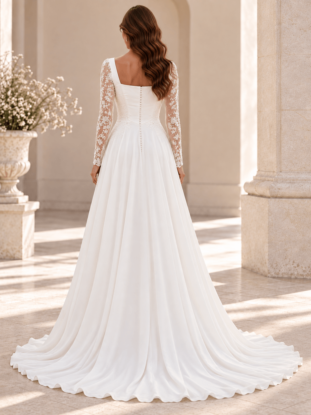 White Square Neck Long Sleeve Lace A-Line Wedding Dress with Sweep Train