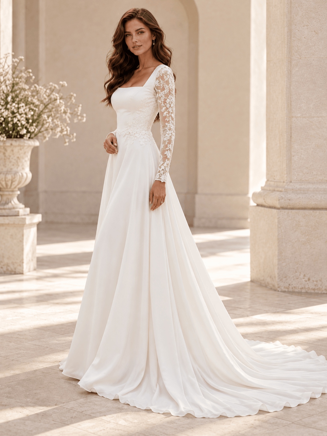 White Square Neck Long Sleeve Lace A-Line Wedding Dress with Sweep Train