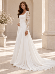 White Square Neck Long Sleeve Lace A-Line Wedding Dress with Sweep Train
