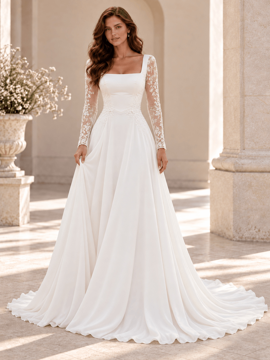 White Square Neck Long Sleeve Lace A-Line Wedding Dress with Sweep Train