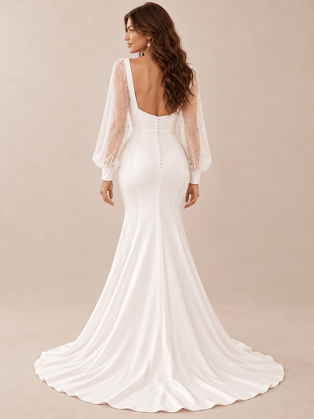 White Square Neck Long Sleeve Pearl Beaded Mermaid Wedding Dress with Slit