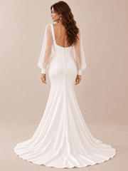 White Square Neck Long Sleeve Pearl Beaded Mermaid Wedding Dress with Slit