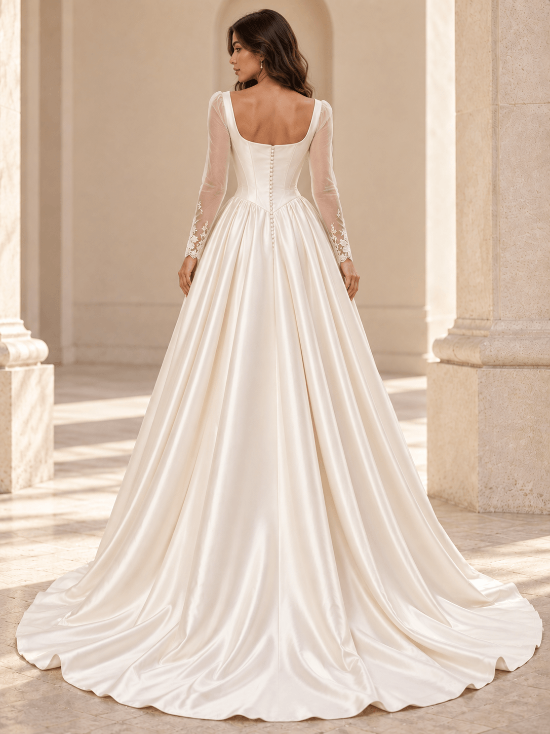 White Square Neck Long Sleeve Sheer Lace Satin Wedding Dress